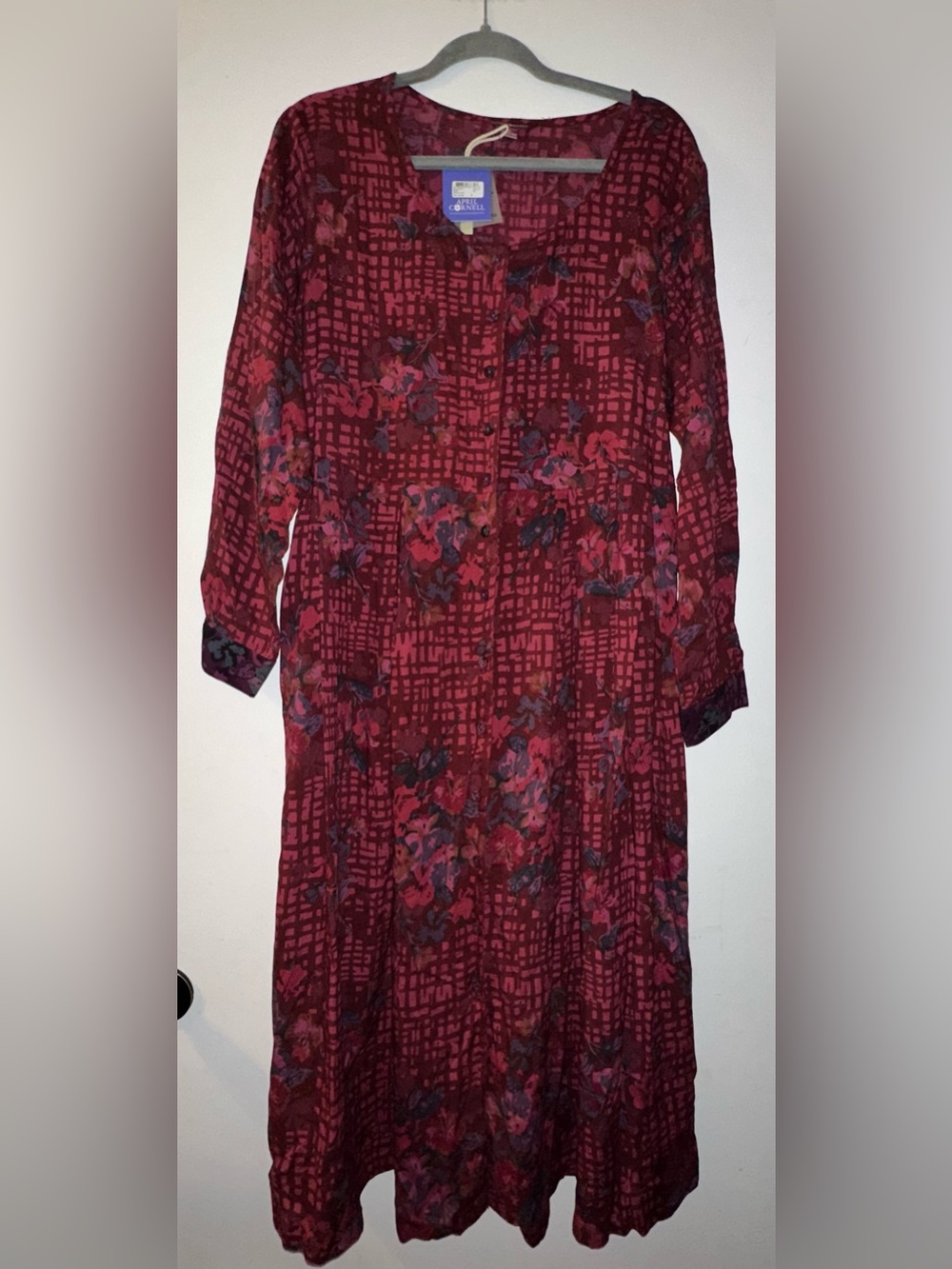 April Cornell Prairie Long Sleeve Adjustable Tie Waist Burgundy Midi Dress XL